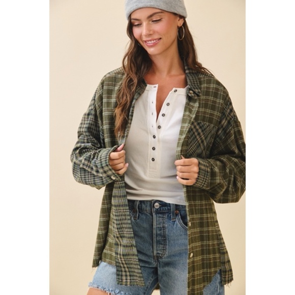Olive Green Kambrie Button Down Plaid Patchwork Flannel Casual Shirt - Picture 1 of 9